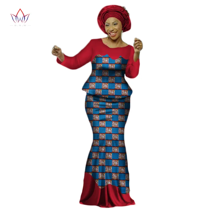 Africa Style Bazin Riche Dresses for Women Two Pieces Set Women Long Sleeve Tops and Long African Print Skirt Plus Size WY2454