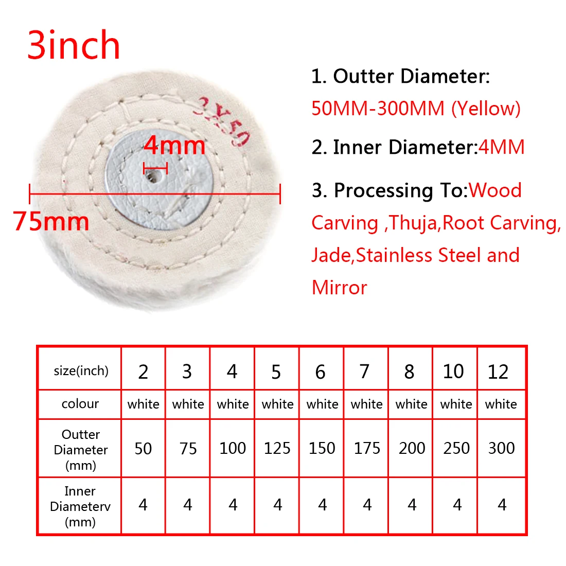 

50 Layers Cotton Polishing Wheel Cloth Buffing Wheel 2-12 inch Arbor Buffer Mirror Polish White Round Wheel Abrasive Tools