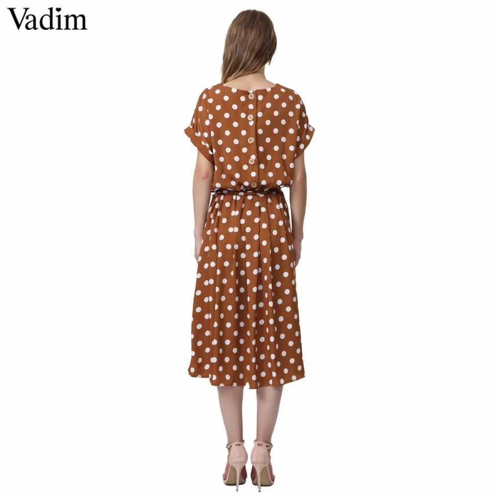 Винтажное платье Vadim с бантом и поясом средней длины в горошек эластичной талией