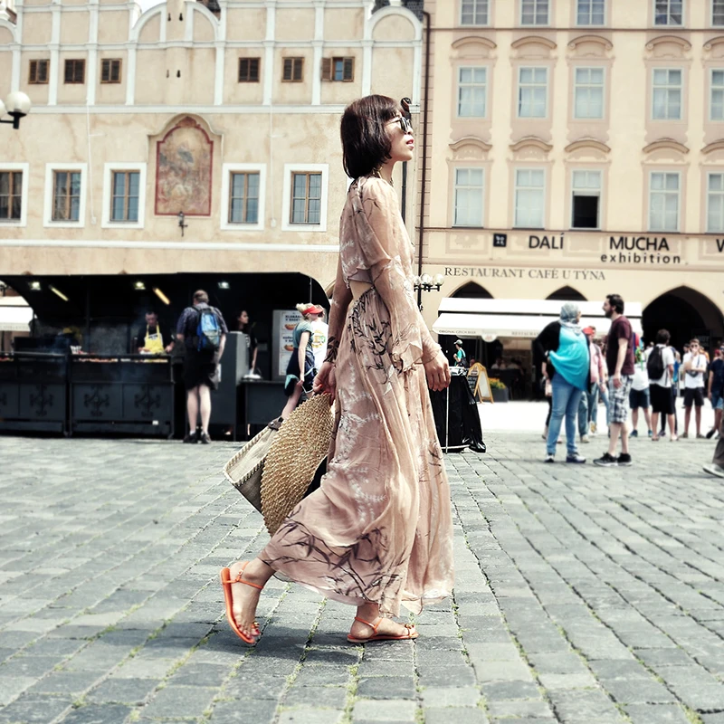 Женский цветочный принт с расклешенными рукавами Шелковый комбинезон длинными |