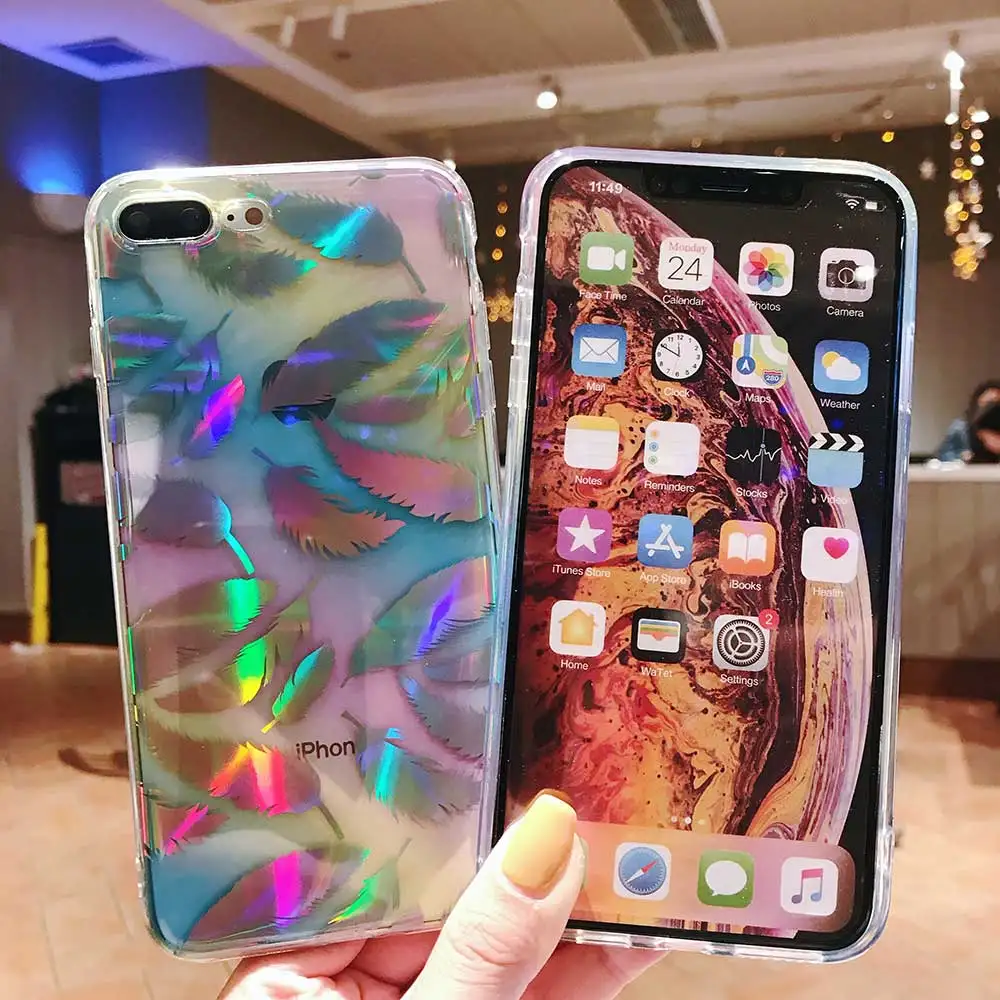 Boucho Transparent Case For iphone XS MAX 6 6s 7 8 plus X Cases Laser Feather Flower Phone XR Protective Cover |