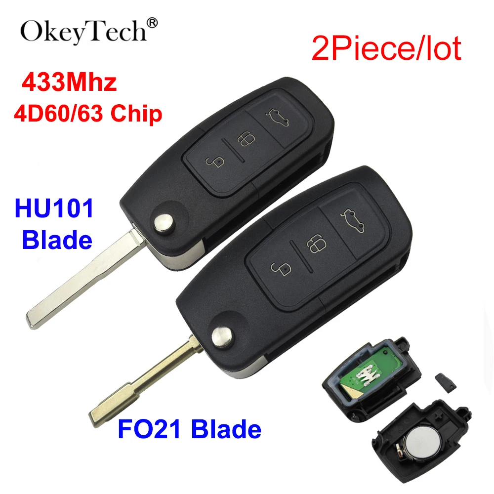 OkeyTech 2 шт 433 МГц 4D60/63 чип 3 кнопки флип дистанционный ключ для Ford Focus Fiesta C Max S Ka Mondeo
