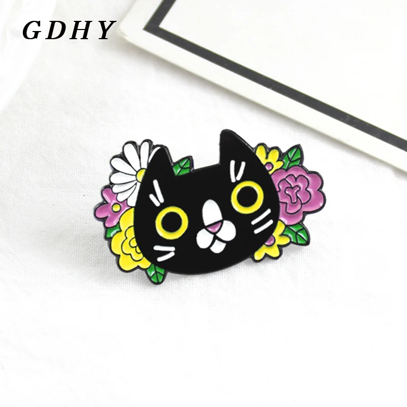 GDHY черная кошка Красочные цветы брошь мультфильм Черные Животные эмалевые
