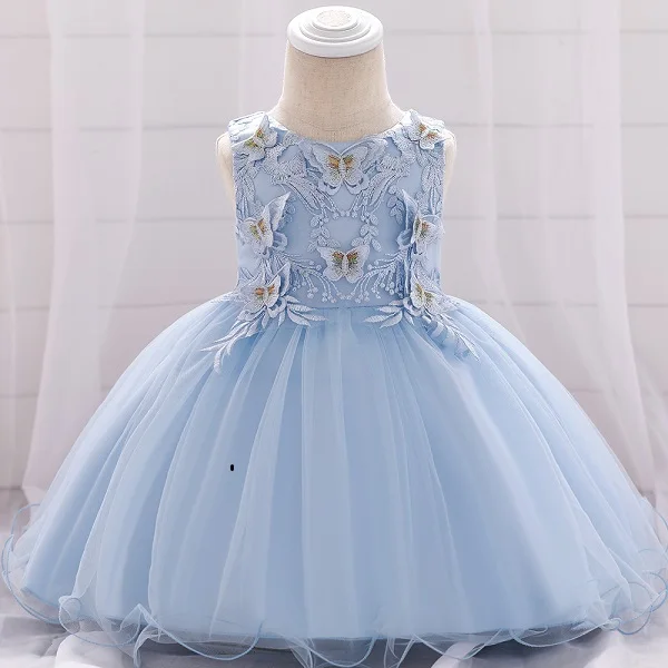 light blue Вечернее бальное платье с аппликацией в виде цветов для маленьких девочек; Новая детская одежда; Сетчатое платье-пачка с вышивкой для маленьких девочек на день рождения - Цвет: light blue