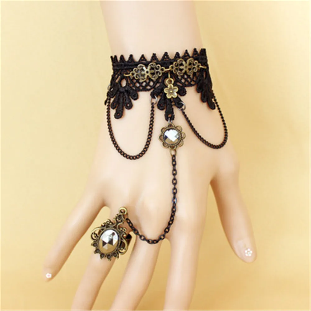 Vintage Charm Steampunk Black White Lace bracelet Retro Gothic Rose Flower Finger Hand Chain Harness bangles | Тематическая одежда