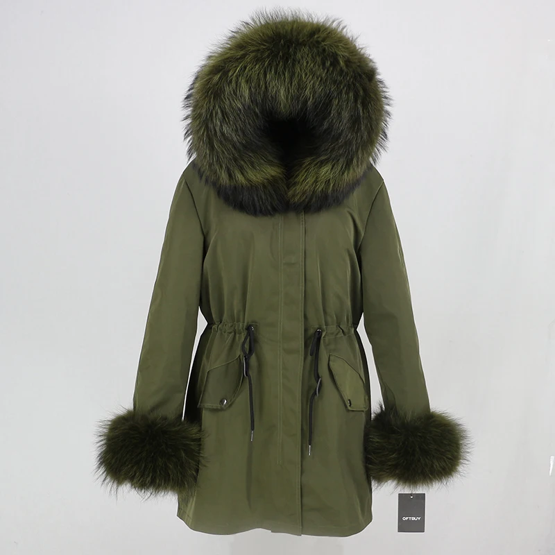 full green OFTBUY, пальто с натуральным мехом, зимняя куртка, Женская длинная парка, воротник из натурального меха енота, капюшон, Толстая теплая водонепроницаемая верхняя одежда, съемная - Цвет: full green