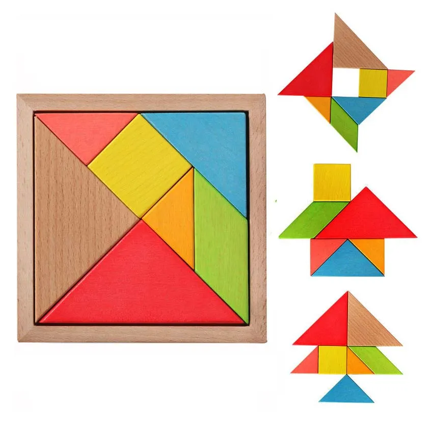 Montessori Wooden Tangram Jigsaw Puzzle Toy Geometry Shape Kids DIY Early Educational Toys for Children Development Game