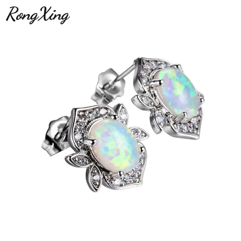 

RongXing Silver Color White Fire Opal Flower Stud Earrings For Women Wedding CZ Jewelry Female Ear Studs Earrings Ear0532
