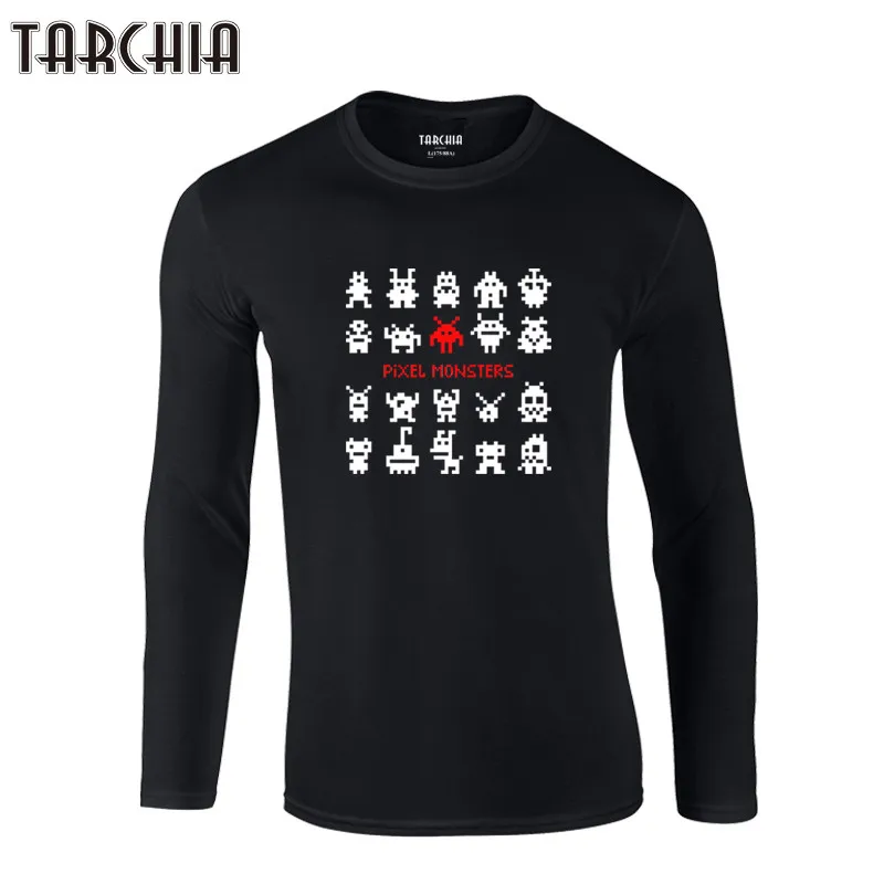 TARCHIA 2022 Cotton Tops Men Tee Long Sleeve Fun Pixel Space Monsters Autumn Print Shirt Homme Oversize Brand Mens T-Shirt New | Мужская
