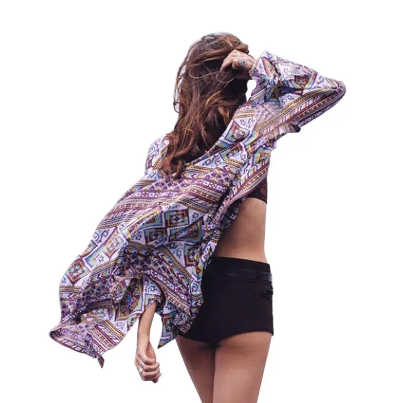Женское шифоновое кимоно с цветочным принтом Boho 2018 кардиган v образным вырезом