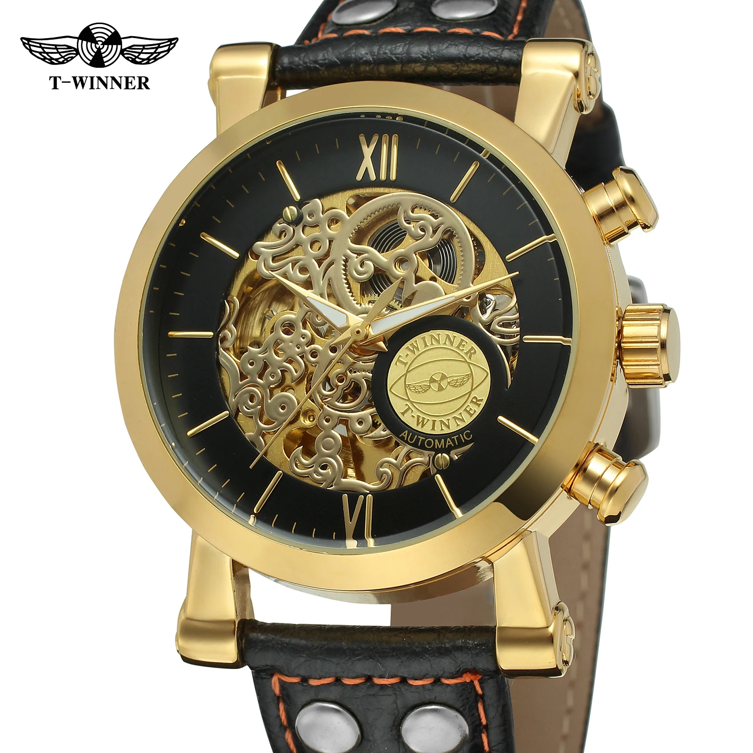 

Winner Top Brand Luxury Elegant Antique Watches Golden Skeleton Automatic Man Clock Mechanical Rome Number Leather Wristwatches