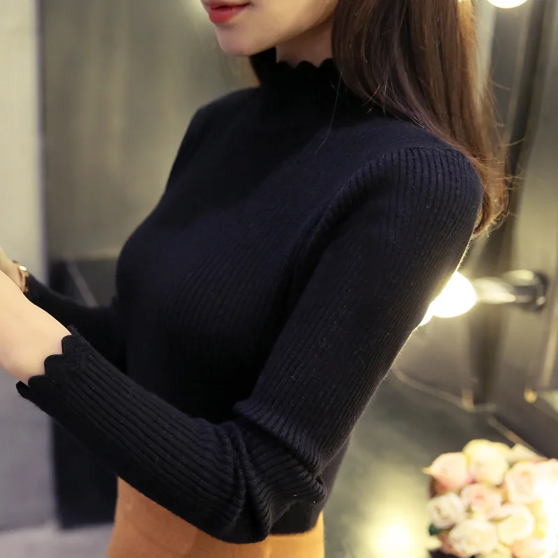 2018 Korean winter sweater female half turtleneck sleeve head bottoming shirt short thick thin slim color thread | Женская одежда