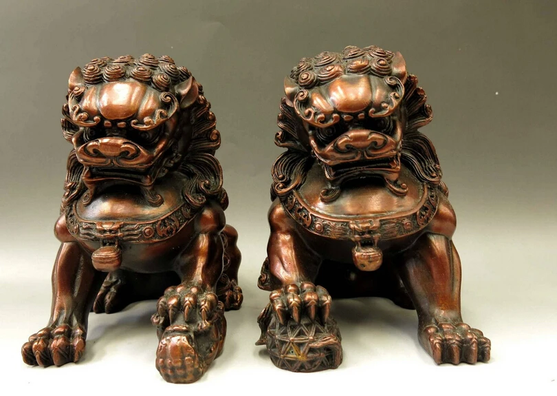 

A Pair Fengshui Brass Chinese Bronze Copper Feng shui Animal FOO Dog Lions sculpture Statue Lion 2pcs Garden Decoration Bronze