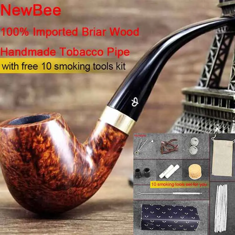 aa0034-1S RU-NewBee Briar деревянные курительные трубы ручной работы мужские изогнутые табачные трубы 9 мм фильтр металлический декор Петли 10 Набор инструментов для курения aa0034 - Цвет: aa0034-1S