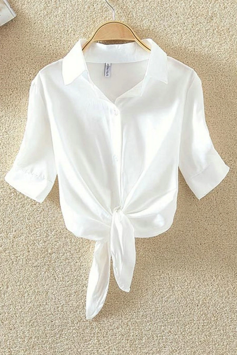 

White Tie Fresh Summer Shirts Women Casual Half Sleeve Loose Stand Blusas 2018 New Women Clothing for Summer Korean Tops