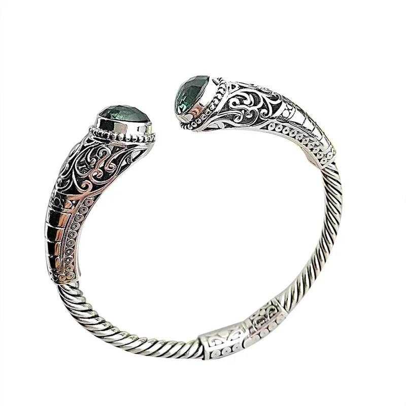 

Authentic 925 Sterling Silver Bracelet Women Cuff Bracelets Bangle With Natural Emerald Ethnic Green Crystal Jewelry