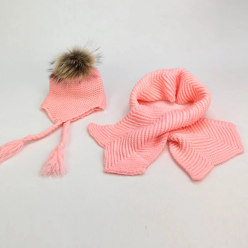 Зимняя милая детская шапка с помпоном и шарф вязаная из натурального меха енота