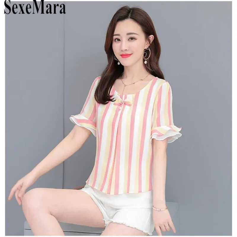Photo Color 3 SexeMara/шифоновая рубашка с короткими рукавами, новинка года, летнее платье, Повседневная рубашка в полоску с круглым вырезом и рукавом-трубой, женская рубашка - Цвет: Photo Color 3