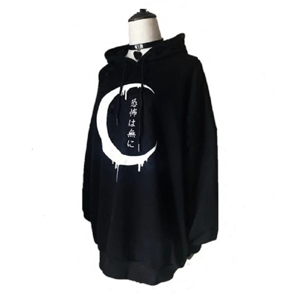 Женская флисовая толстовка черная свободная с капюшоном в стиле панк Харадзюку