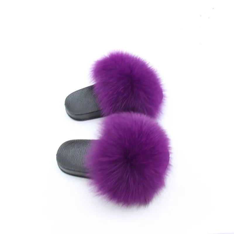 dark purple Женские летние шлепанцы с натуральным лисьим мехом; женские нескользящие тапочки с пушистым мехом; женские меховые тапочки; милые женские плюшевые шлепанцы с лисьим мехом; Лидер продаж - Цвет: dark purple