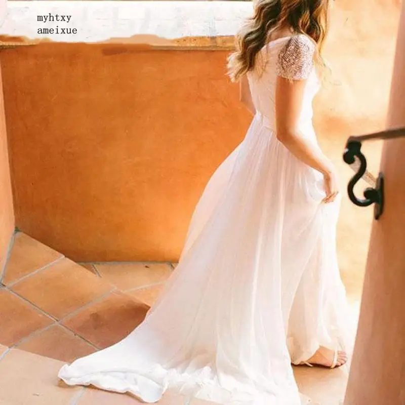 

Beach Vestido De Noiva 2020 Cheap Wedding Dresses Sweetheart Cap Sleeves Chiffon Pearls Boho Dubai Arabic Wedding Gown Bridal
