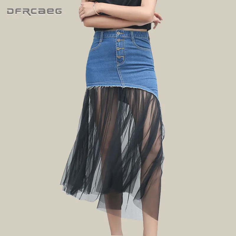 Женская джинсовая юбка с высокой талией голубая Повседневная Длинная в