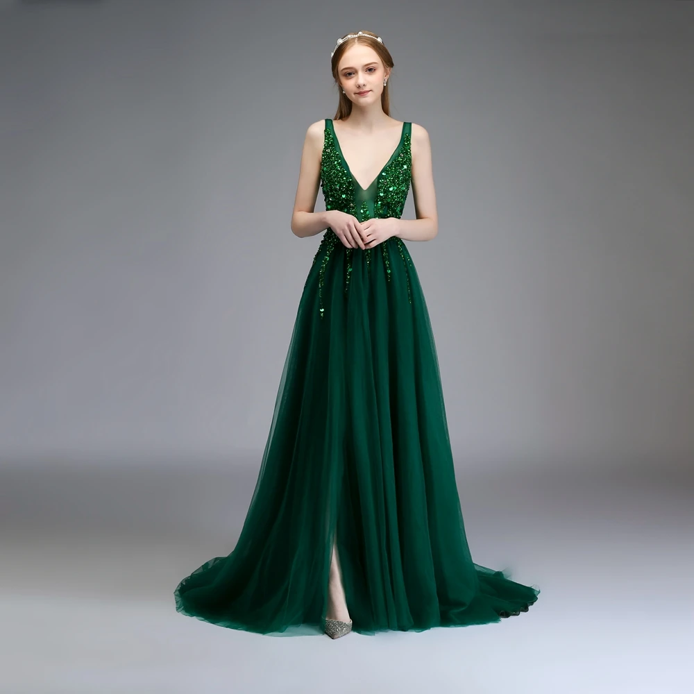 SSYFashion, новинка, роскошное вечернее платье, сексуальное, v-образный вырез, открытая спина, бисер, высокий разрез, тюль, длинное, для выпускного вечера, на заказ, вечерние, официальные платья