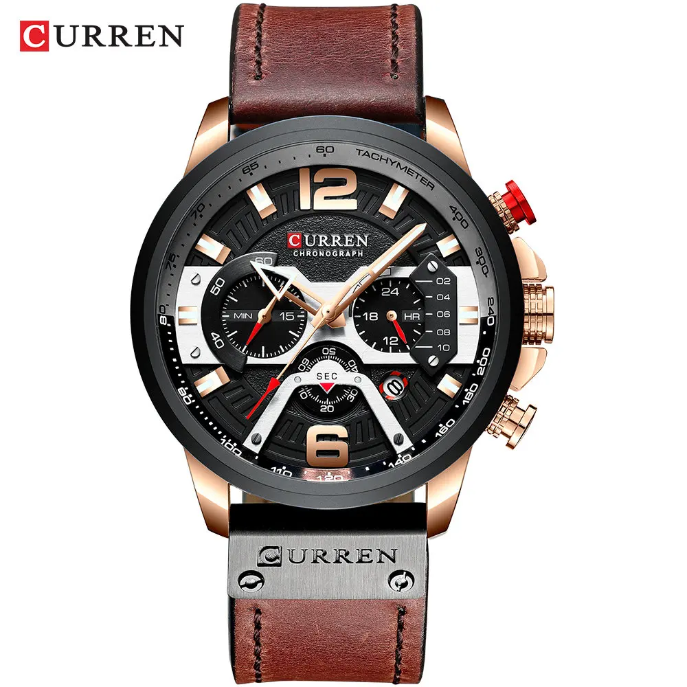 rose black CURREN Мужские часы Лидирующий бренд мужские модные кварцевые часы с хронографом военные спортивные кожаные Наручные часы 8329 - Цвет: rose black