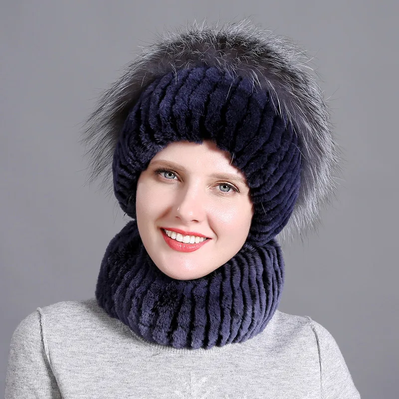 DUOUPA Women fur hat scarf set for winter natural rex rabbit fur scarf and hat solid color brand new street shoot hat and scarf - Цвет: F