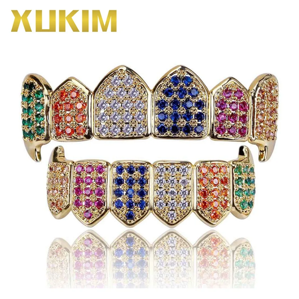 Xukim ювелирные изделия высокого качества, цвет золотистый, зубы Grillz Топ и нижние грилзы Мути-цвет вампирские клыки, раппер, ювелирные изделия, подарок