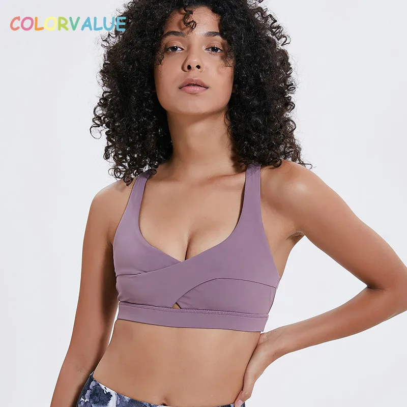 Colorvalue с ремешками крест-накрест Йога бюстгальтер для занятий спортом Для женщин сексуальный пуш-ап Фитнес кроп-топы тренировки бюстгальтер со съемными подкладками XS-XL