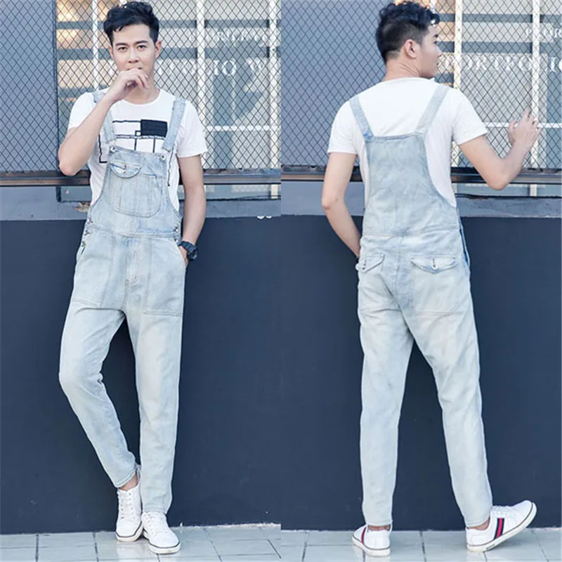 Джемпер мужской джинсовый свободные брюки повседневный светло-белый комбинезон