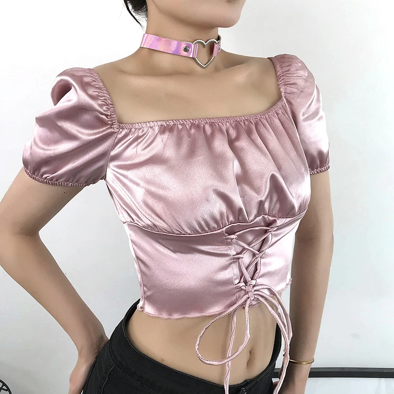 HEYounGIRL, короткий рукав, атласная, Винтажная футболка, женская, бандаж, открытая спина, Повседневный, короткий топ, футболка, элегантная, футболка, женская, лето
