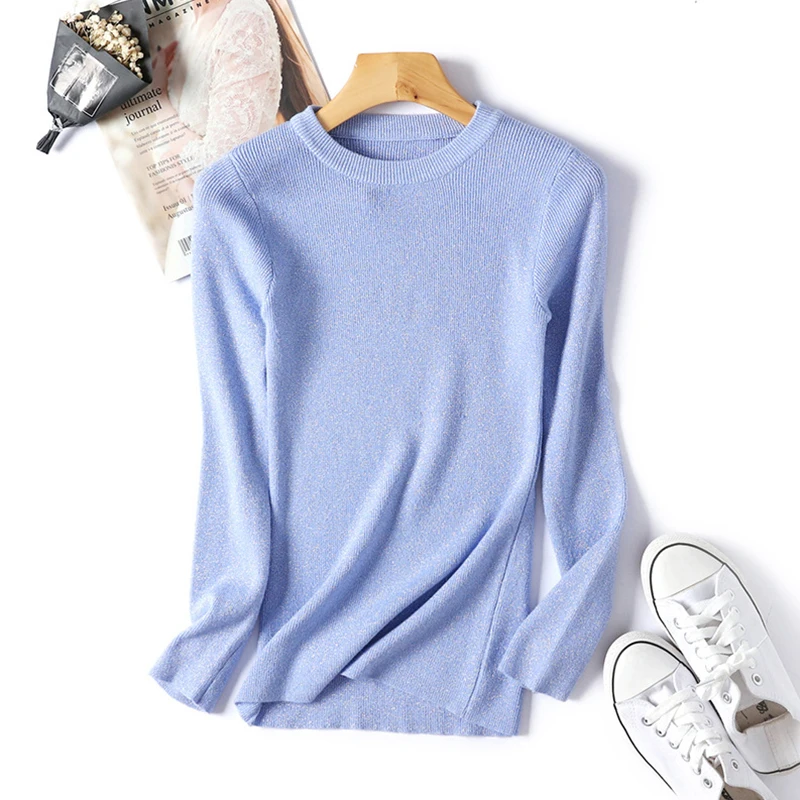 Женский вязаный свитер с круглым вырезом однотонные облегающие эластичные