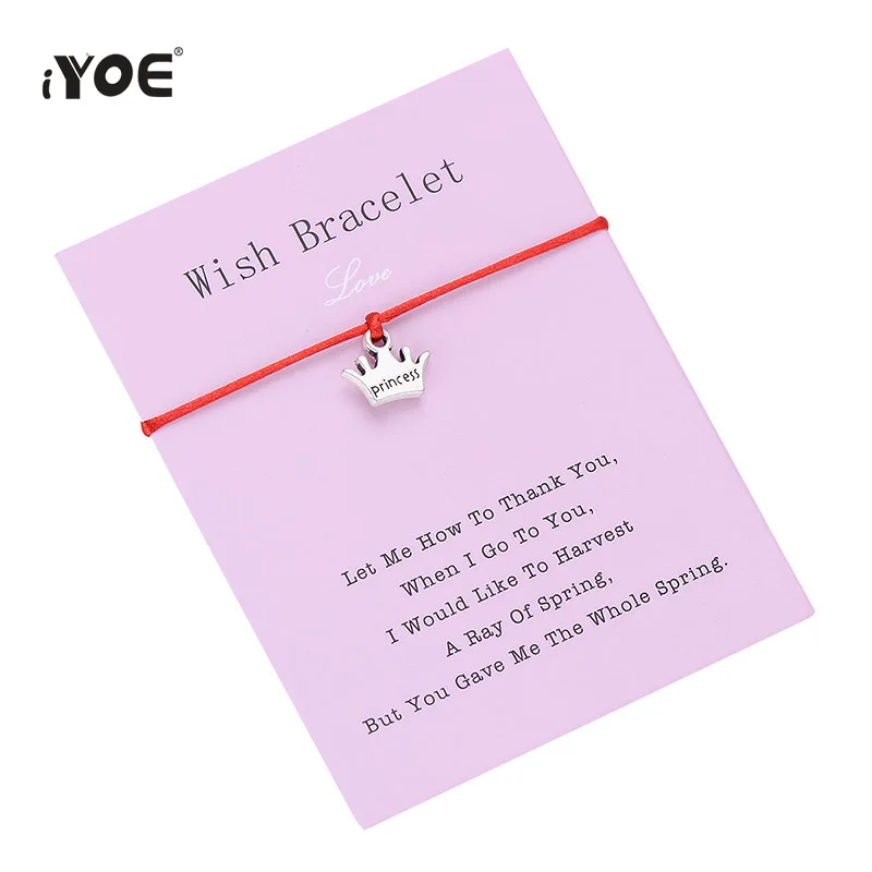 IYOE Wish Card, браслет с красной нитью для женщин и детей, корона принцессы, ручная плетеная веревка, Парные браслеты, семейные ювелирные изделия для дружбы