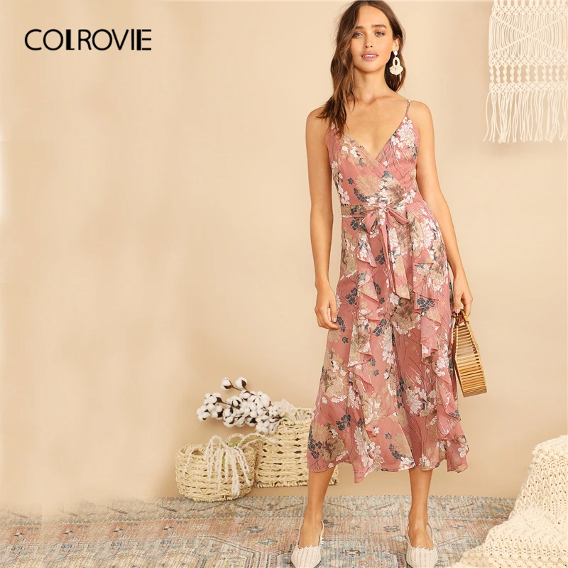 COLROVIE розовый комбинезон с v-образным вырезом и рюшами, с поясом, Boho Cami, женский комбинезон, летний праздничный комбинезон с широкими штанинами для девушек