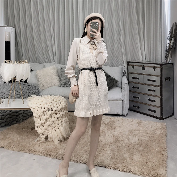 ALPHALMODA, весеннее женское изящное вязаное платье+ рубашка с длинными рукавами, костюмы из 2 предметов, с бантом, с ромбовидной сеткой, с поясом, комплекты платьев на бретелях
