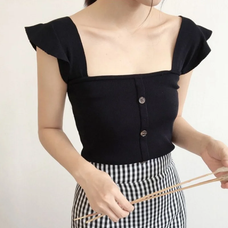 Женская летняя блузка без рукавов облегающий жилет с квадратным вырезом | одежда