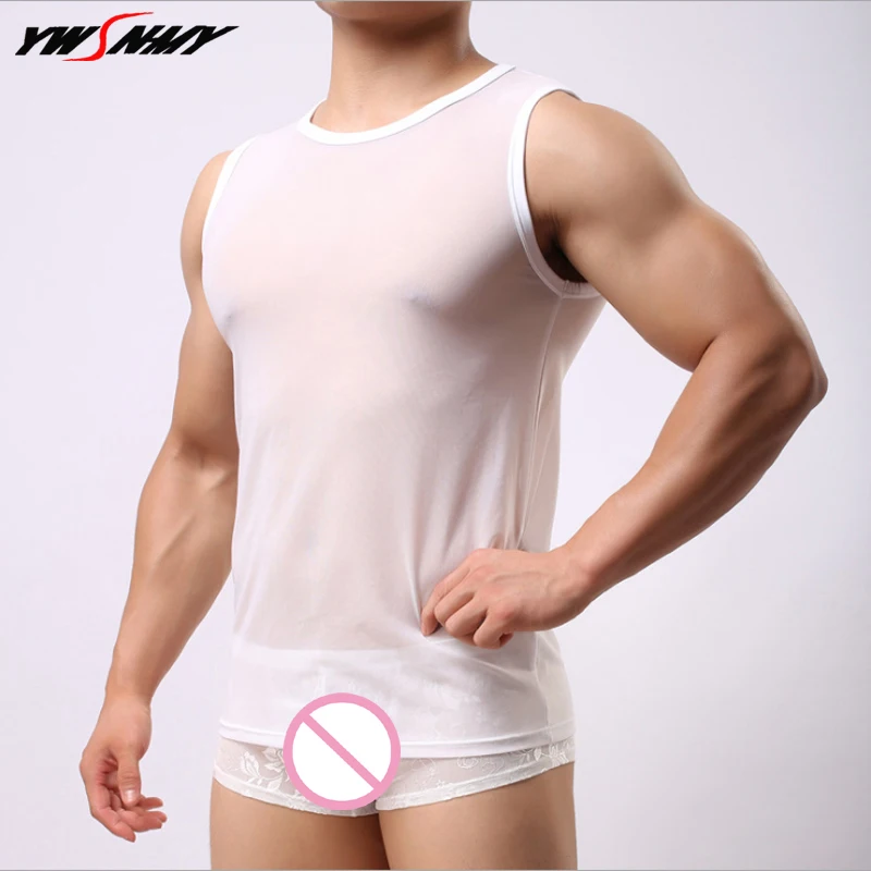 Man Undershirt Men Ice Silk Spandex Sheer Vest Male Sexy Mesh O-neck Thin Short Sleeves Gay Fitness Transparent Tank Tops |