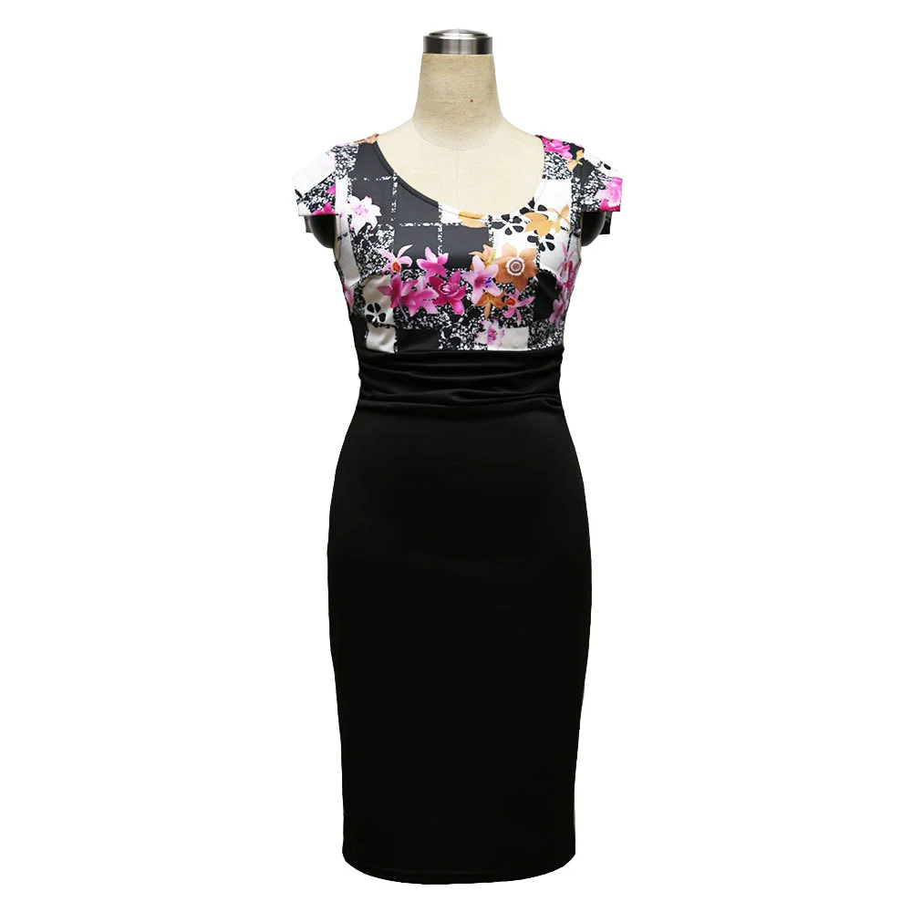 Reaqka Patchwork Womens Office Dress 2018 Vintage Brief Bottom Elegant Print O-Neck Bodycon Women Pencil Work | Женская одежда
