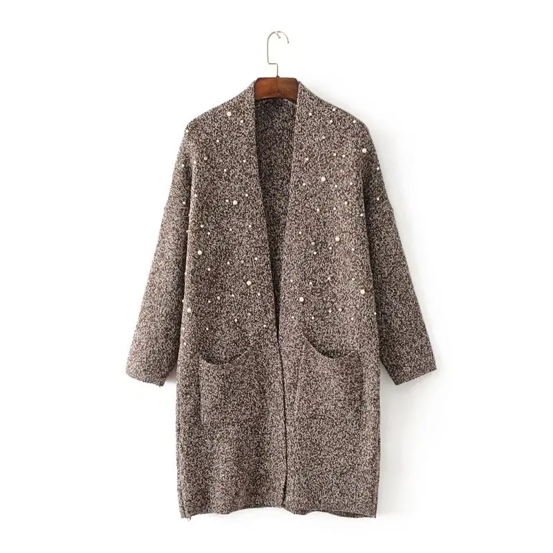 Осенний Женский вязаный длинный кардиган с бусинами свитер карманом большой