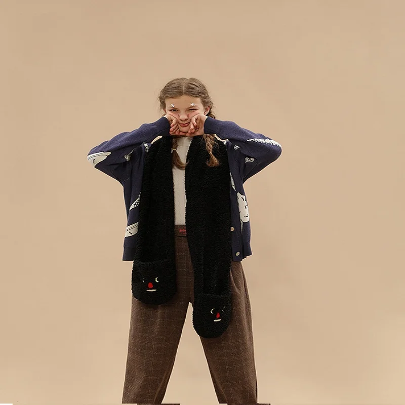 Зимний толстый теплый черный шарф из овечьей шерсти для девочек женские плюшевые