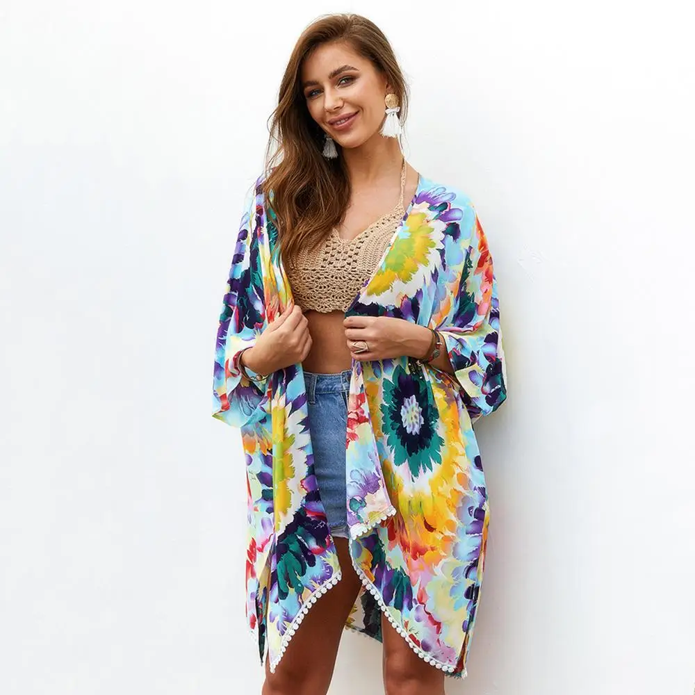 Plus Size Women Boho tops Floral 3/4 Sleeve Sun Protection Beach Summer slash neck Tops high quality new fashion |