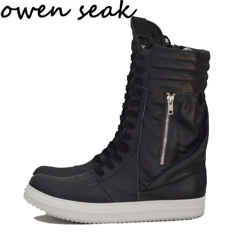 

Owen Seak Men Shoes High Ankle Luxury Trainers Genuine Leather Winter Boots Lace Up Women Casual Sneaker Zip Flat Black Shoes