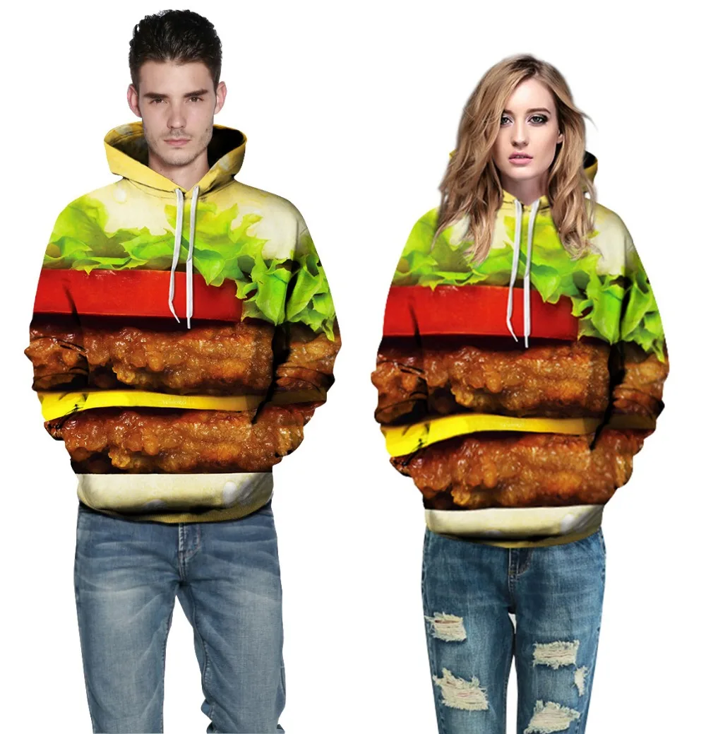 Harajuku 3D Print hamburger Sweatshirts Fashion Long sleeve with hat Men Women Cute Soft Hoodies Cartoon Hoody Hooded Pullover | Женская