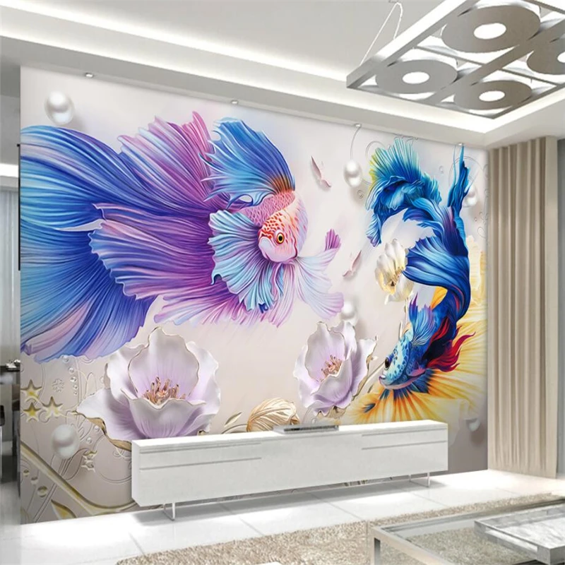 

beibehang Wallpaper Mural Custom Living Room Bedroom 3d Relief Goldfish Lotus Jewelry Mural TV Background Home Decor