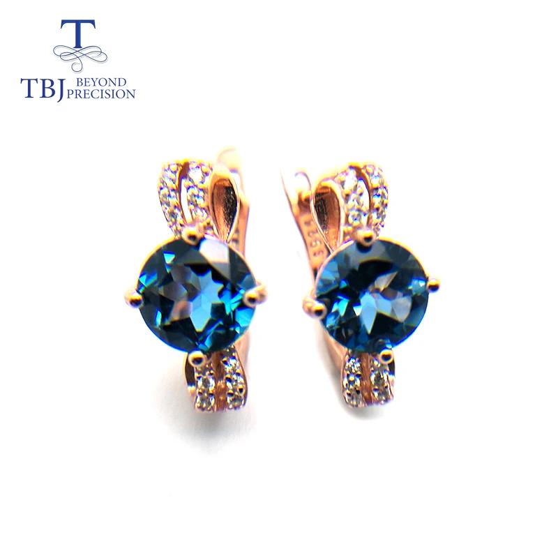 TBJ, натуральный, хороший цвет, Лондон, голубой топаз, Круглый, 7 мм, 3ct, драгоценный камень, застежка, серьги, серебро 925 пробы, розовое золото, ювелирные изделия для девочек