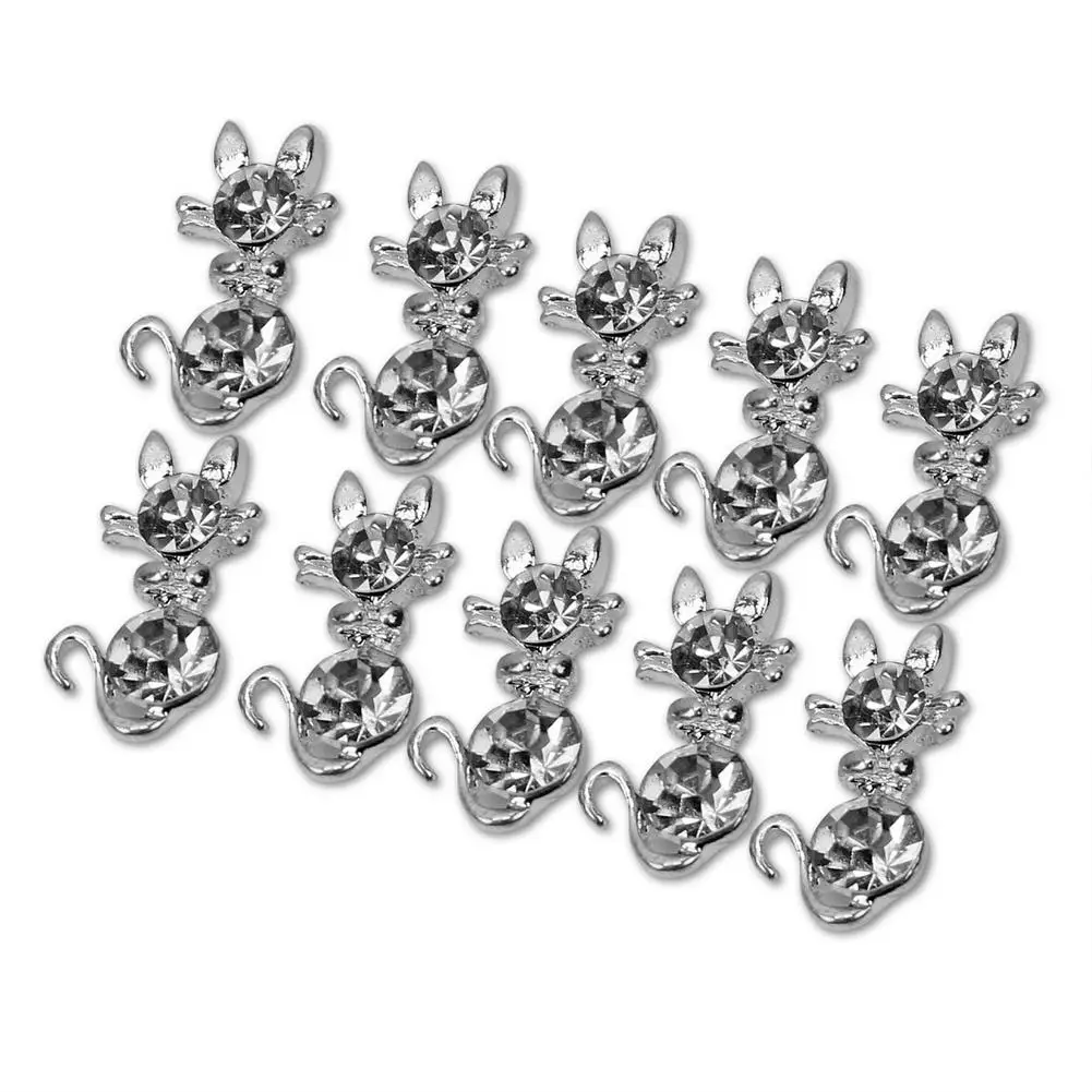 Горячие милые 10 шт Блестящий Кот форма Серебряный Кристалл Дизайн ногтей Советы