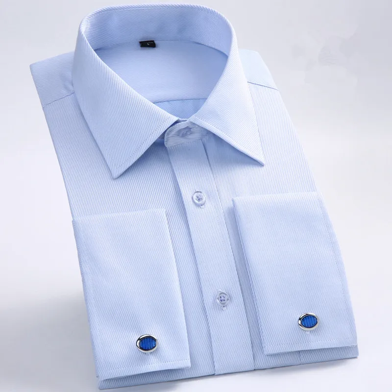 FS08 Blue Мужские французские запонки, рубашка в полоску, одноцветная, брендовая, формальная, мужская рубашка, белый воротник, дизайн, мужская, облегающая, французская манжета, плюс размер, 6XL, 5XL - Цвет: FS08 Blue