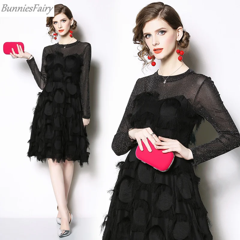 BunniesFairy 2019 весеннее женское элегантное платье знаменитостей с кисточками перьями